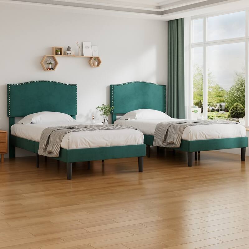 VCCELO 2-Pack Twin Size Bed Frame with Adjustable Headboard Noise-Free Twin Size Bed Set of 2 for Kids Room Dorm Apartments