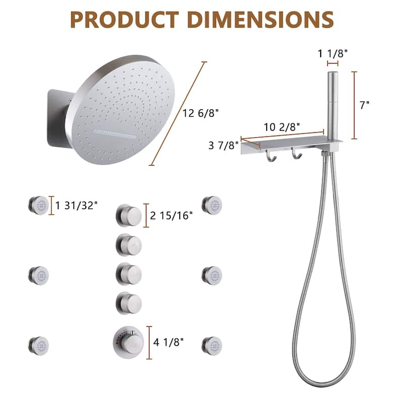 CASAINC Thermostatic 4 Functions 12 inch Rainfall Showerhead with Handheld Spray & 6 Body Jets Set Rain Shower System