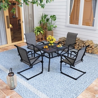 PHI VILLA 5-Piece Patio Furniture Dining Set, with 4 C Spring Motion Textilene Metal Chairs and Steel Table with Umbrella Hole