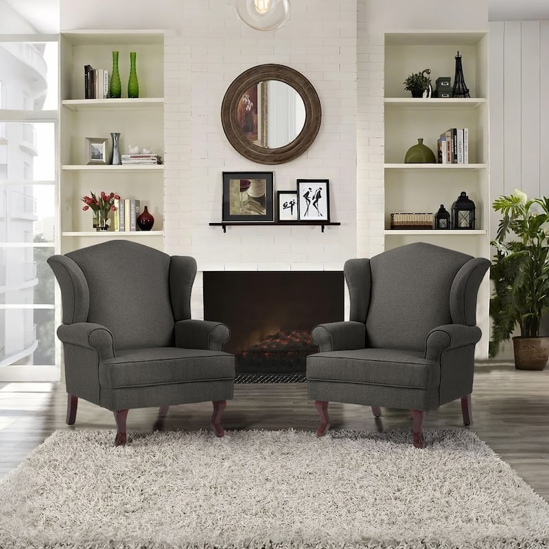 Set of 2 Elegant Living Room Wing Back Arm Chair Upholstered Accent Chair - DARK GREY