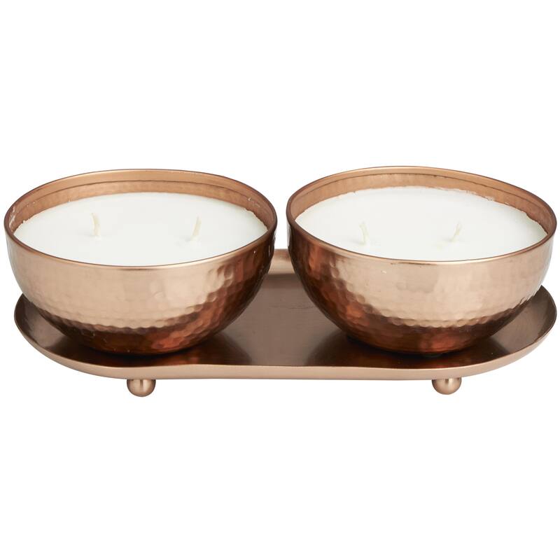 Metal Scented Hammered 12 oz 2 Wick Decorative Candle with White Wax - Set of 2 Gold, Copper, Silver - Roche River Decor - Copper