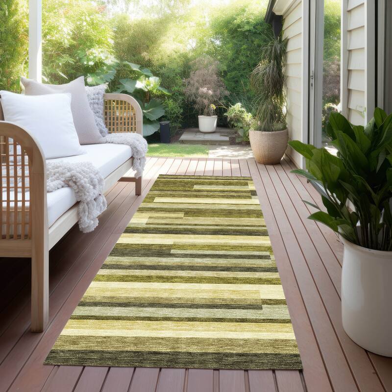 Machine Washable Indoor/ Outdoor Modern Stripes Chantille Rug - Olive - 2'3" x 7'6"