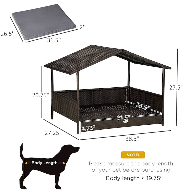 Wicker Dog House Outdoor with Canopy, Rattan Dog Bed with Water-resistant Cushion, for Small and Medium Dogs