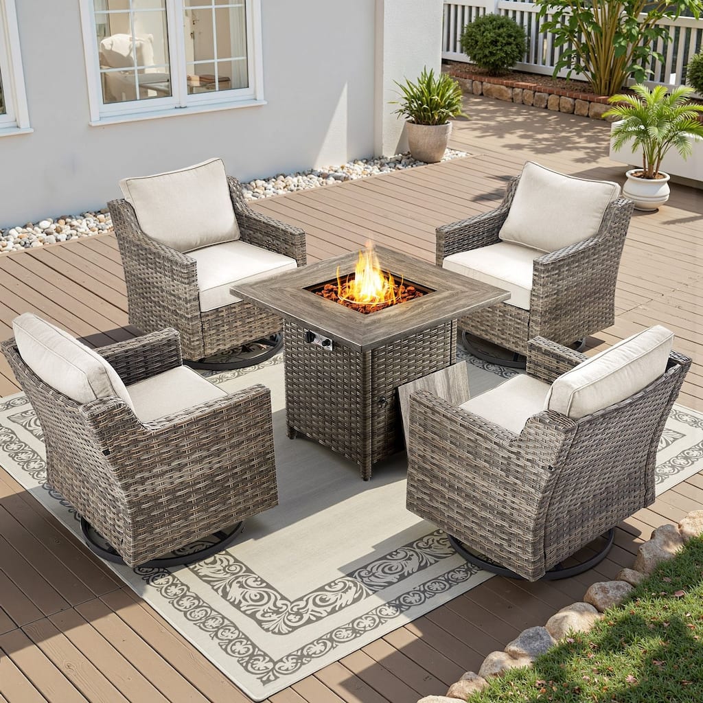Glissia 5-Piece Gray Wicker Swivel Glider Fire Pit Set with Square Wicker Fire Table