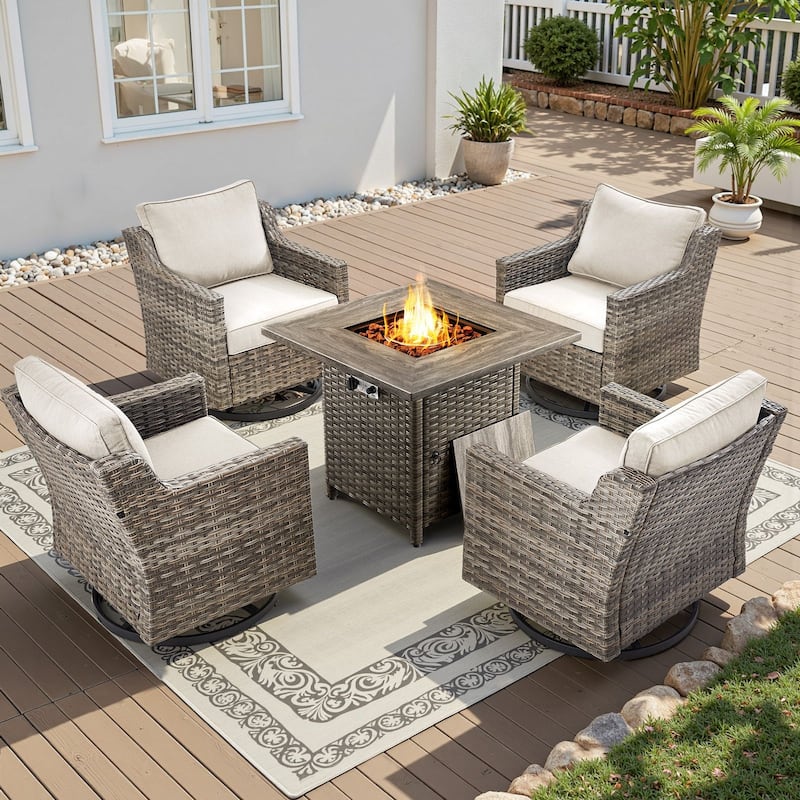 Glissia 5-Piece Gray Wicker Swivel Glider Fire Pit Set with Square Wicker Fire Table - Beige Cushions - Gray Wicker