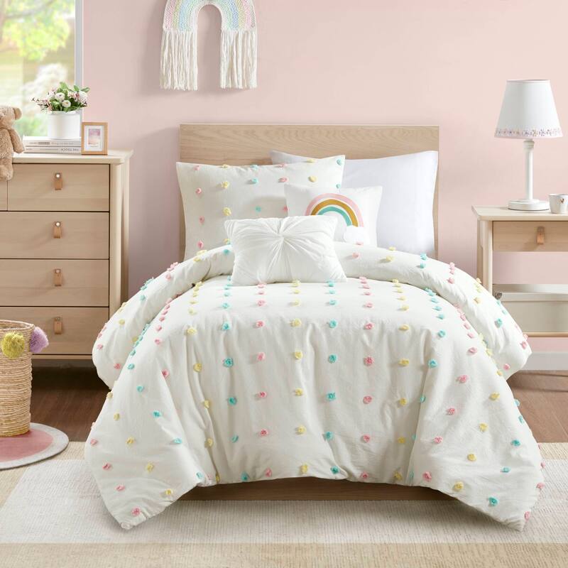 Intelligent Design Kids Ensley Pom Pom Cotton Jacquard Quilt Set with Throw Pillows