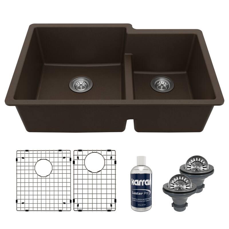 Karran 32" Undermount Large/Small Bowl Quartz Kitchen Sink Kit - 32" x 21.25" x 9" - Brown