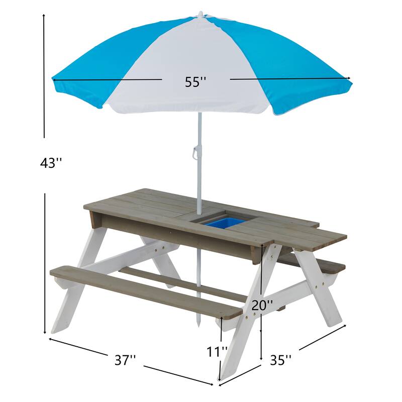 Wooden Kids Picnic Table, Sand and Water Table with Umbrella, Activity Table for Outdoor Backyard Patio Play