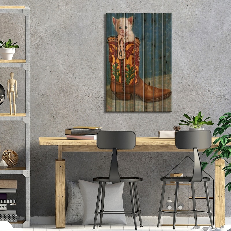 Puss En Bota Print On Wood by Holly Wood - Multi-Color