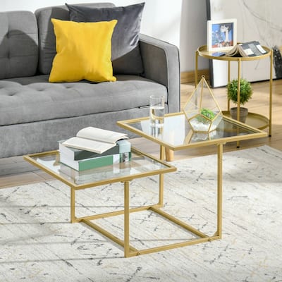 Gold-Clear Tempered Glass and Metal 2 Tier Coffee Table with Adjustable Feet - 37.75" W x 19.25" D x 18" H