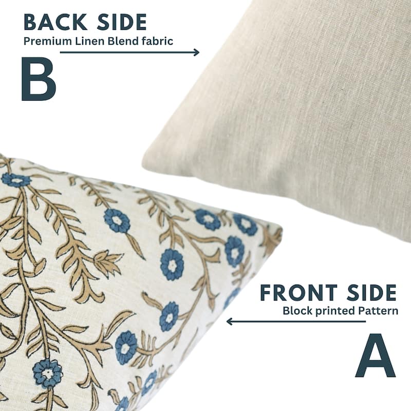 Fabdivine Handmade 16x16 Inch Flower Pillow Cover for Boho Bed or Sofa Square Blue Linen Fall Décor Cushioncase, Shehjan