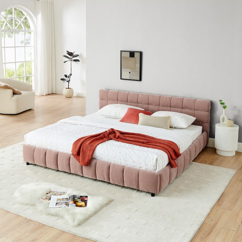 Block Thick Chenille Low Profile Platform Bed Fabric Upholstered Bedframe with Headboard Solid Wood Frame - Optional Storage Bed