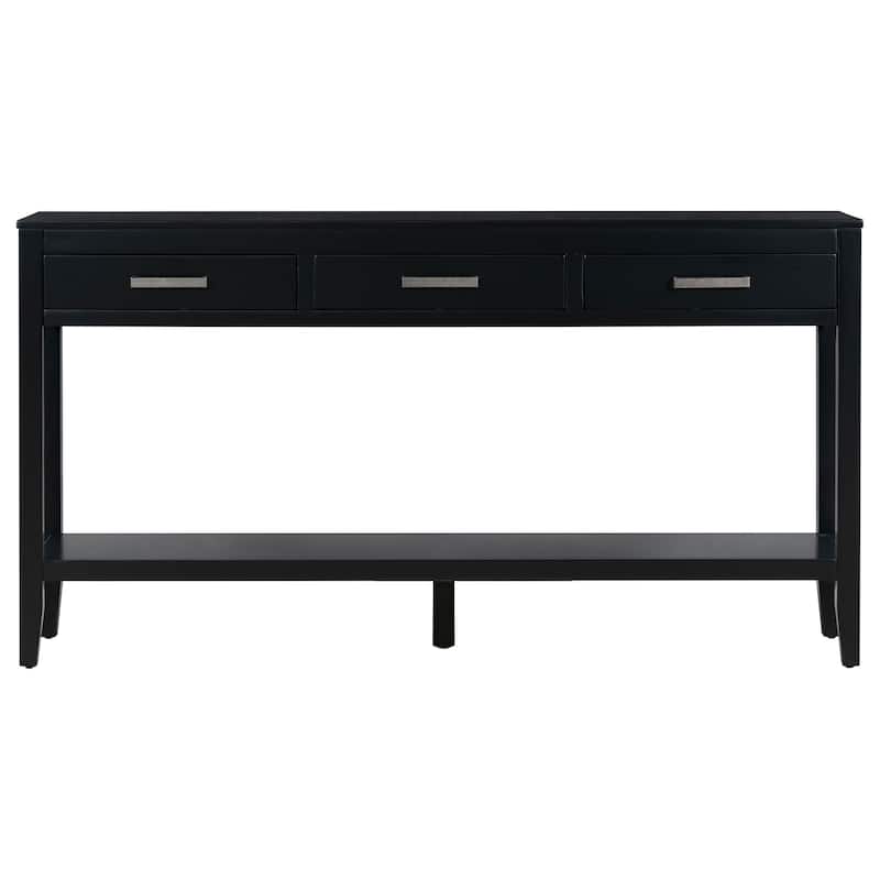59.1" Farmhouse Entryway Table with 3 Drawers, Painted Console Table with Bottom Shelf & Iron Handles, Minimalist Sofa Table
