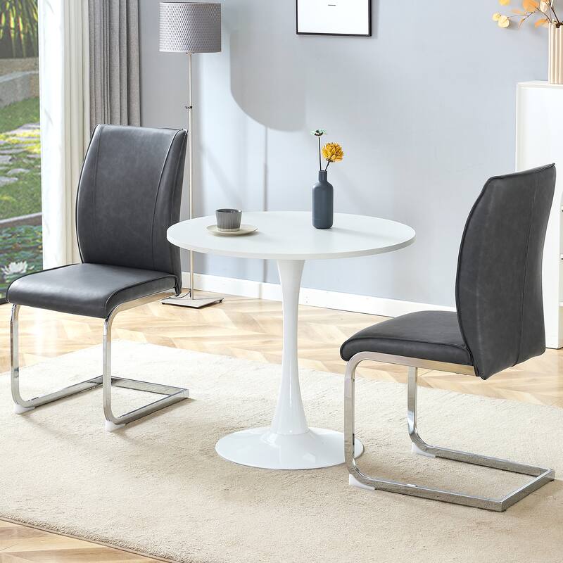 Roomfitters 3pcs Small Round Dining Table Set with PU Upholstered Chairs and Silver Arched Legs