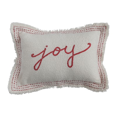 Woven Cotton Blend Textured Lumbar Pillow with Embroidery and Fringe "Joy"