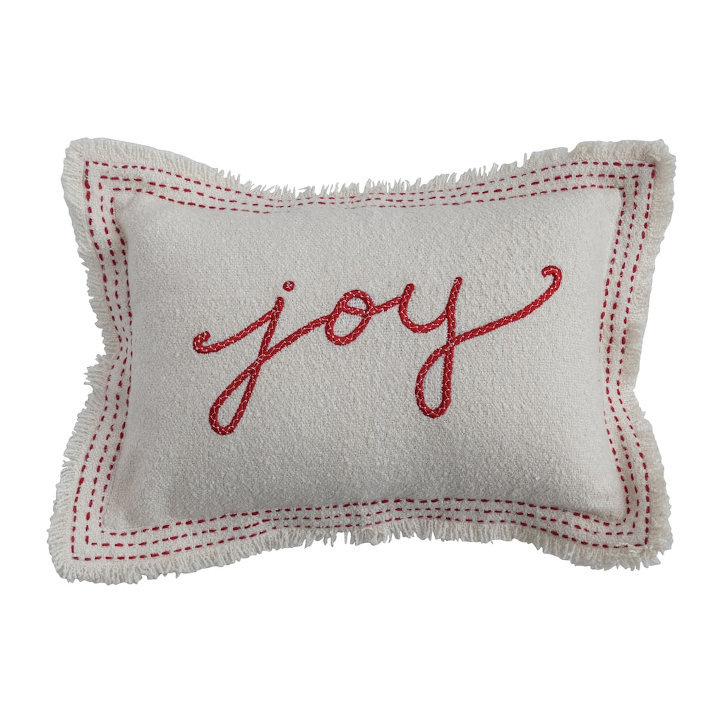 Woven Cotton Blend Textured Lumbar Pillow with Embroidery and Fringe "Joy"