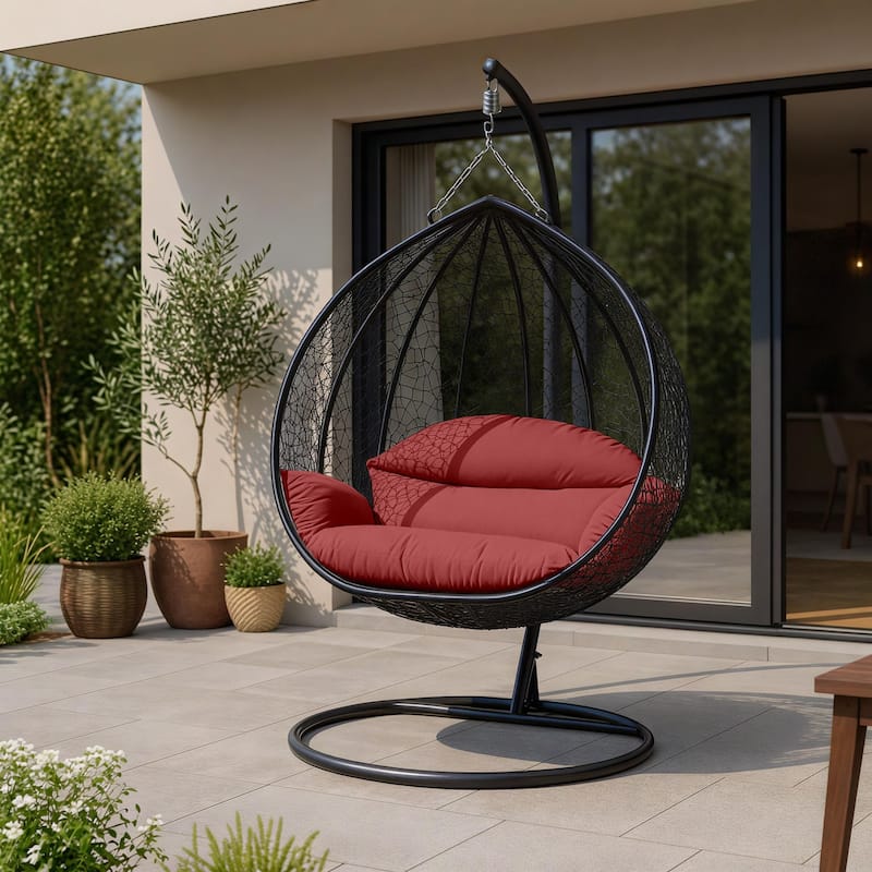 2-Person Outdoor Hanging Egg Chair with Teardrop Frame, Weather-Resistant Cotton Cushioned Seat for Patio and Indoor Use