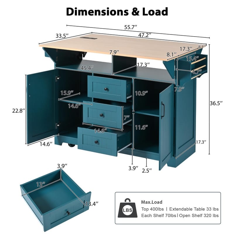 55.7" Rolling Kitchen Island with Double Drop Leaf, Power Outlet, 3 Drawers, Spice & Towel Rack, Folding Dining Table Cart