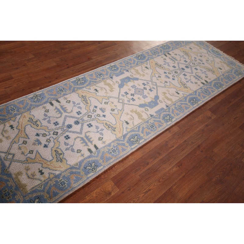 Ivory & Blue Oushak Oriental Runner Rug Handmade Wool Carpet - 2'6"x 7'9"