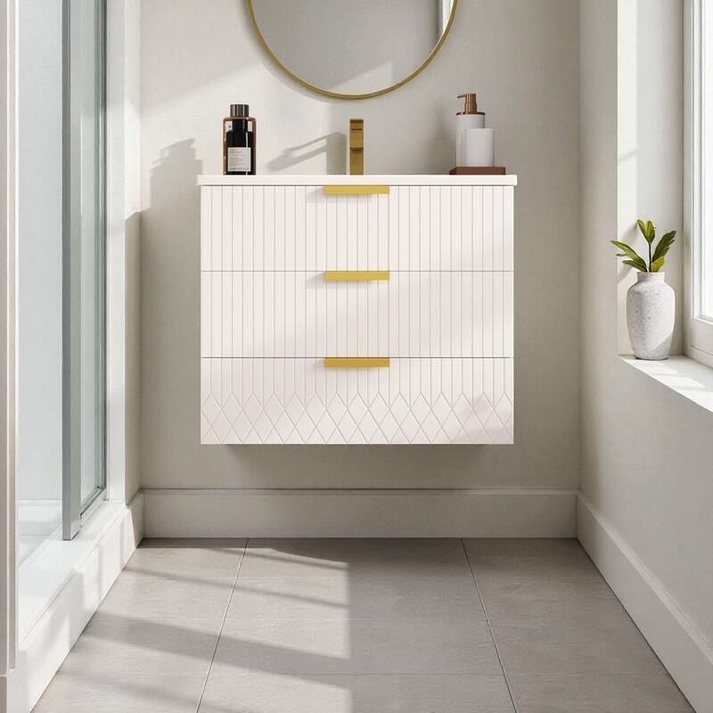 24-Inch Wall Mounted Bathroom Vanity with Sink, Floating Cabinet with Double Drawers and Ceramic Basin - White