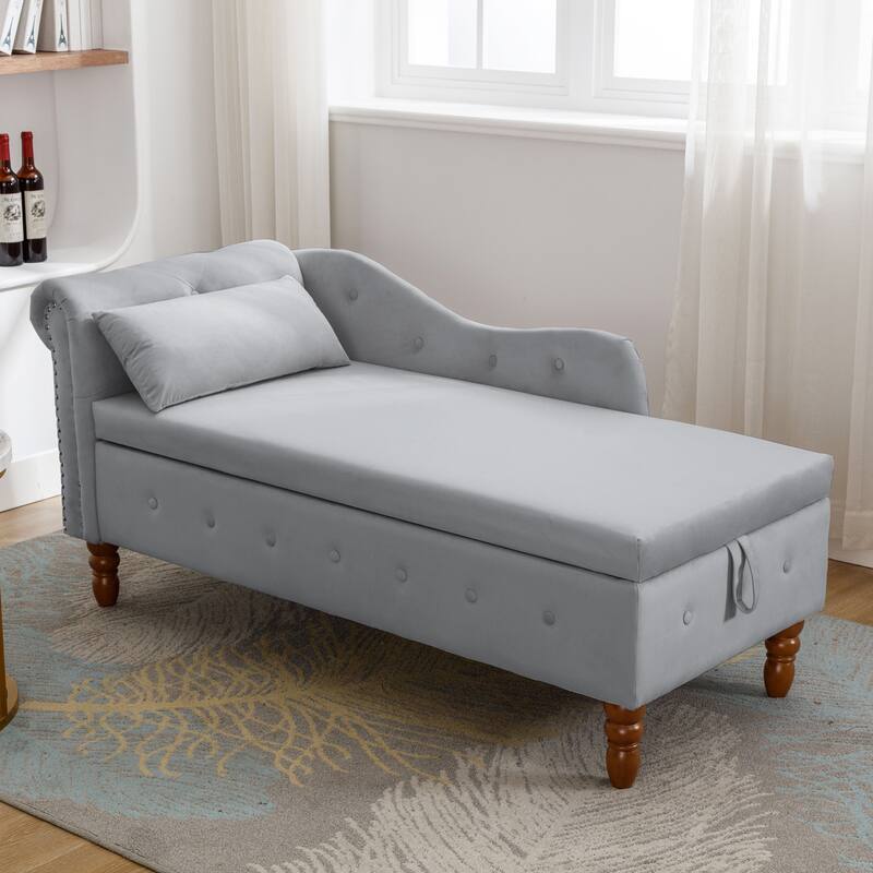 Chaise Lounge Indoor,Velvet Lounge Chair for Bedroom with Storage & Pillow,Modern Upholstered Rolled Arm Chase Lounge