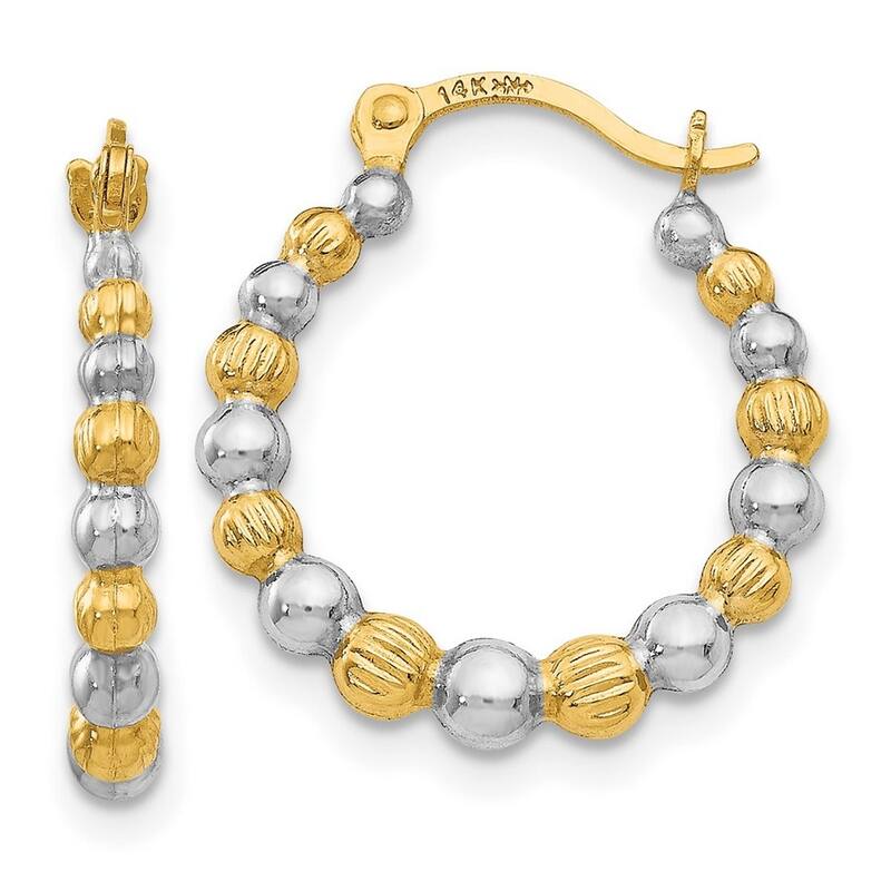 Curata 14k Yellow Gold 3x18mm Textured and Rhodium Beaded Hoop Earrings