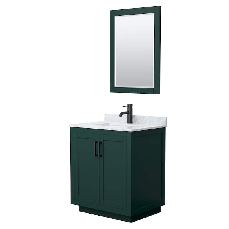 Miranda Single Vanity Set, White Carrara Marble Top, 24-Inch Mirror - Green, Black Trim, White Carrara Marble Top