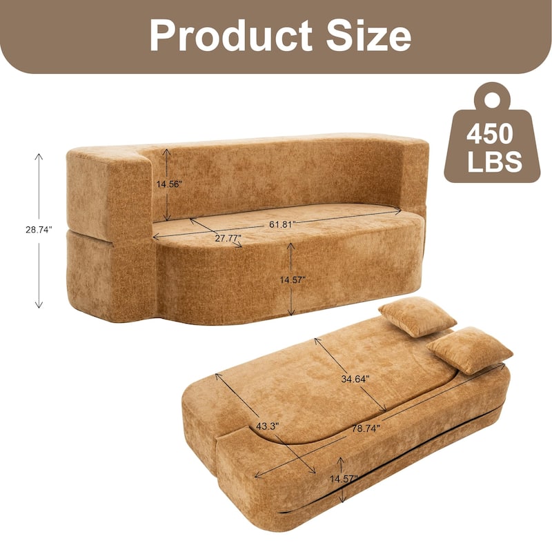3-Seater Convertible Sofa Bed, Chenille Fabric Sleeper Sofa, High-Density Sponge Daybed, No Assembly Required