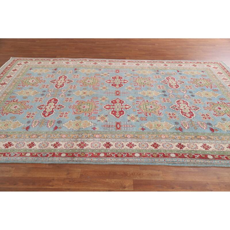 Hand Knotted Oriental 100% Wool Carpet Traditional All-Over Navy Blue & Blues Kazak Area Rug - 9' 8'' X 6' 6''