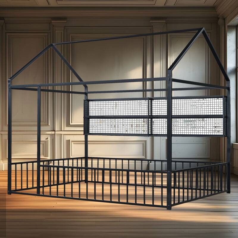 Whimsical Full Size House-Shaped Metal Bed Frame with Four Convenient Storage Shelves for Small Spaces