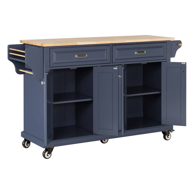 Kitchen Island with Rubber wood Countertop, Kitchen Cart on 5 Wheels with Storage Cabinet and 2 Top Drawers