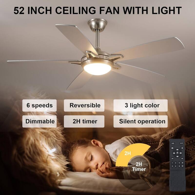 52" Modern Quiet Ceiling Fan with Light and Remote 6 Speed Airflow Bright Light for Bedroom Living Room Patio - 52 Inches