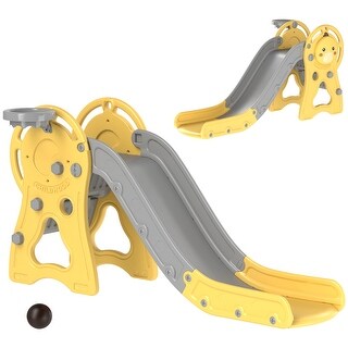 Toddler Slide, 3 in 1 Slide for Kids Ages 1-3 Years, Indoor Slide with Basketball Hoop, Climber, Duck Pattern, Yellow