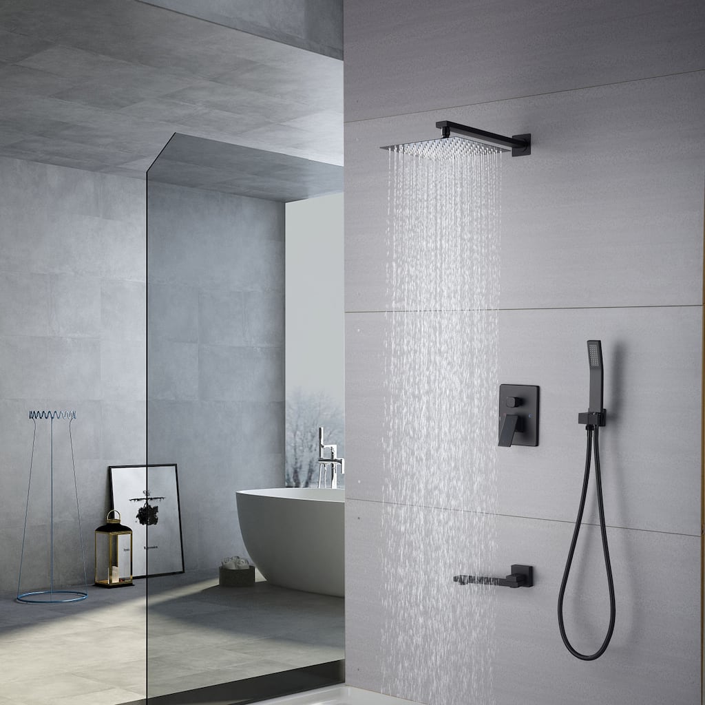 10" Matte Black Shower Faucets Sets Complete,Rain Shower Head with Handheld Shower Valve Shower System