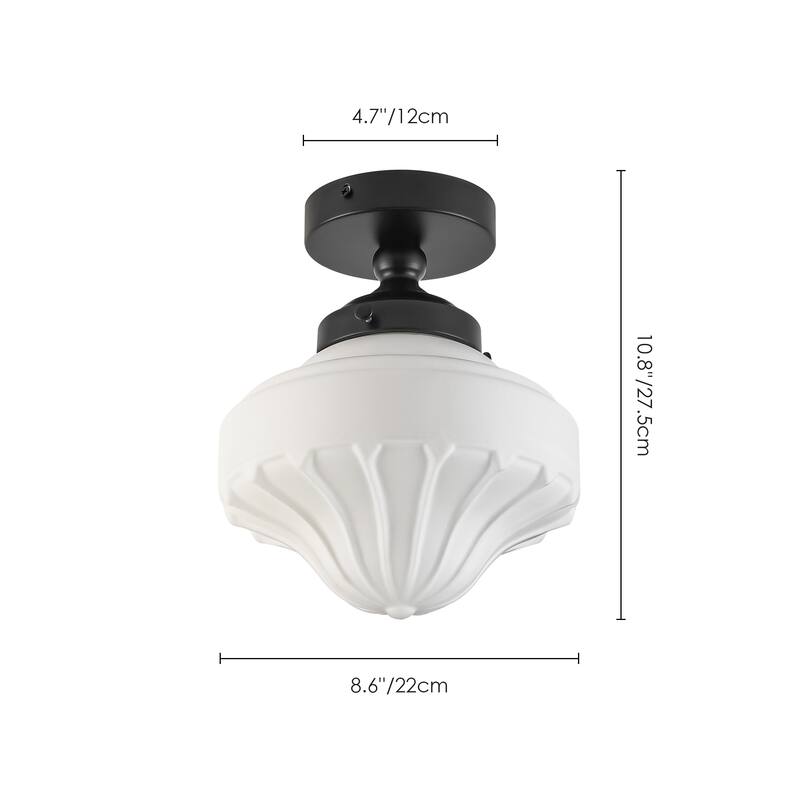8.7 in. 1-Light Retro Black/Antique Gold Ice-Cream Shaped Semi-Flush Mount Ceiling Light with Opal Textured Glass Shade