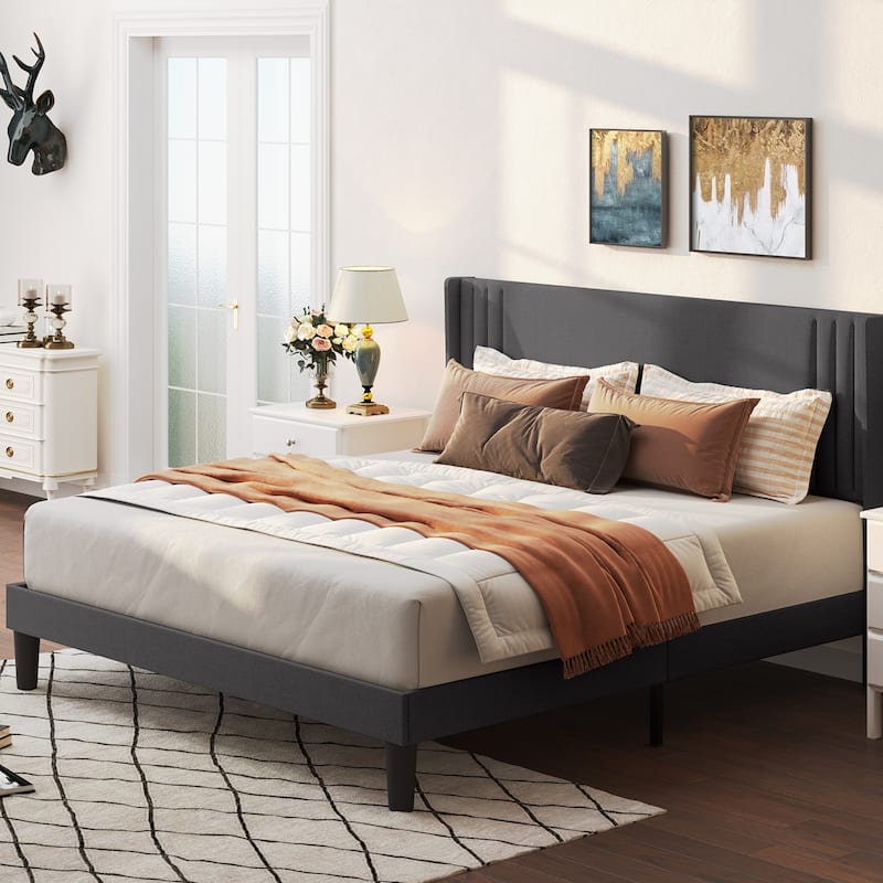 Queen/ Full Vertical Channels Upholstered Bed with Wingback Headboard - Dark Grey - Queen