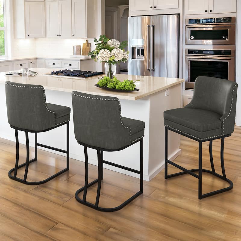 26" Modern Metal Barstools Set of 3 Upholstered Counter Height Bar stools with Back and 6" Thick Cushion for Kitchen Island - Dark Grey/Faux Leather