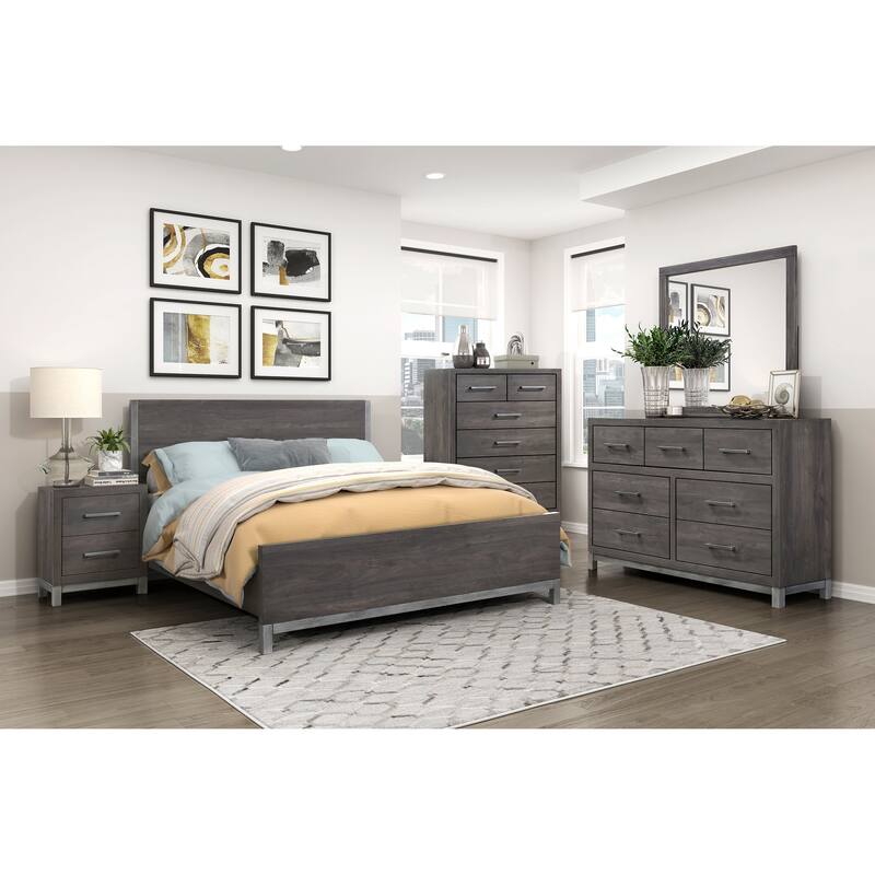 Contemporary Nightstand with 2 Drawers, Brownish Gray Finish and Antique Silver Metal Bar