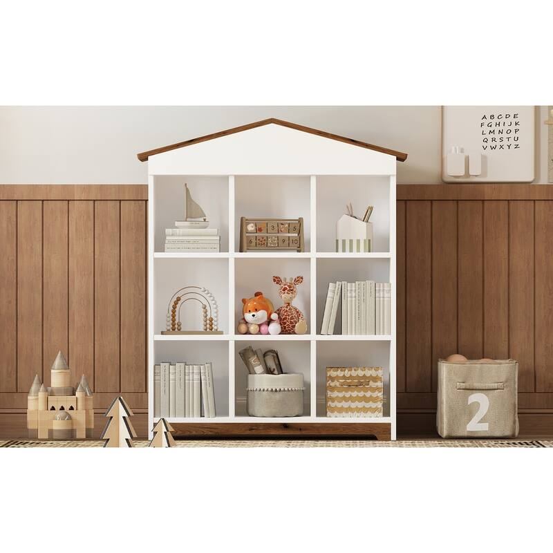 House shaped Storage Rack with Nine Storage Compartments,Three layer Bookshelf with Colorblock Design