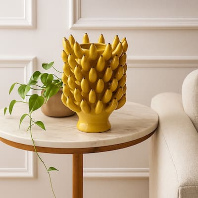 Joseph Accent Vase with Tiered Banana Accents, Yellow Ceramic 17 Inch