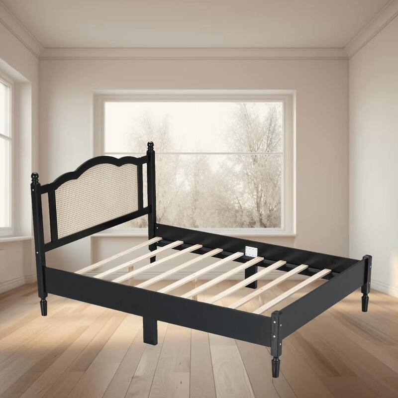 Full Size Wooden Platform Bed with Natural Rattan Headboard, Minimalist Design, No Box Spring Needed, 400 lbs Weight Capacity
