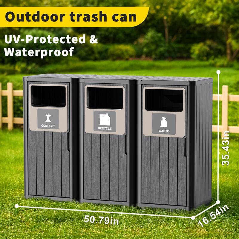 Outdoor Tripple Barrel Trash Can,Waterproof Resin Garbage Can with Garbage Labels,Durable Waste Bin for Porch, Backyard
