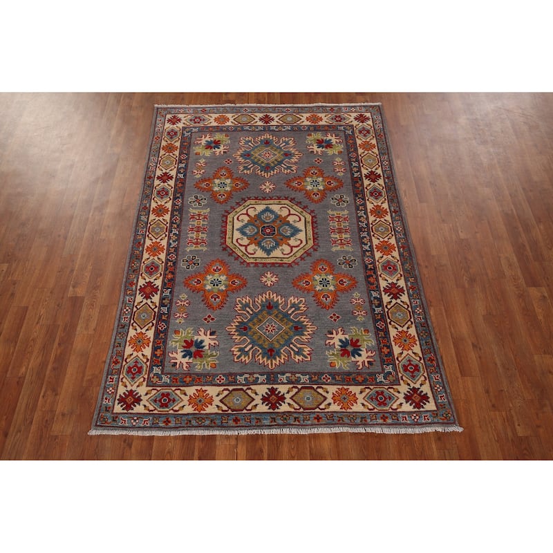 Gray Geometric Kazak Oriental Rug Living Room Handmade Wool Carpet - 4'9" x 6'9"