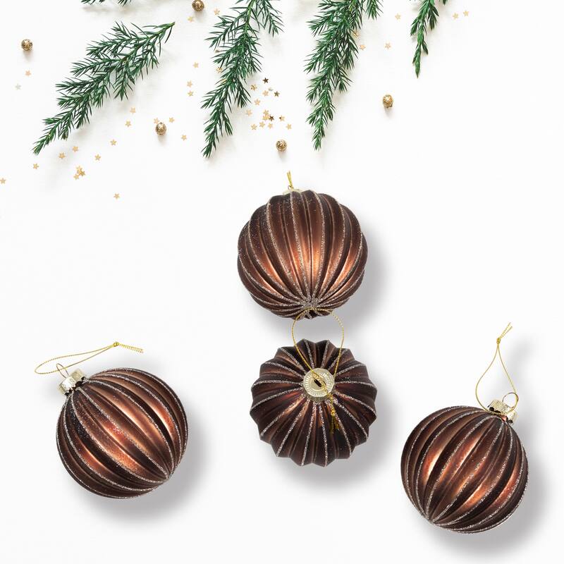 4ct Champagne Chocolate Glittered Ball Christmas Ornaments 3" 80mm