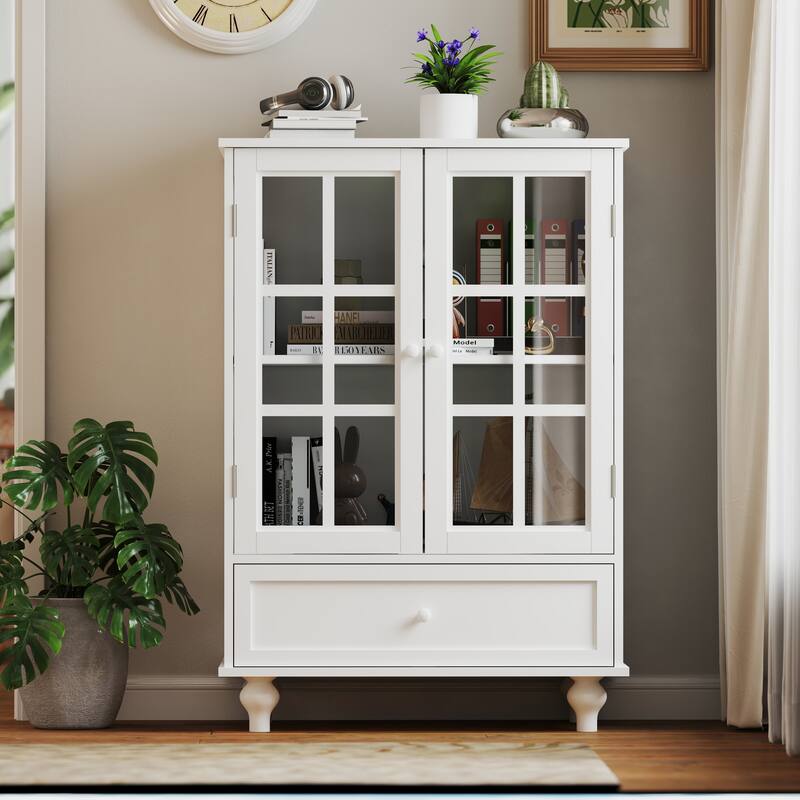 Buffet Cabinet with Double Glass Doors, Sideboard Cabinet with Drawer, Wooden Storage Cabinet with Adjustable Shelf