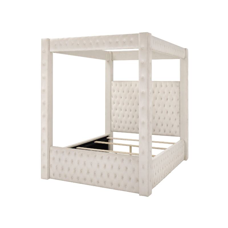 Beli King Size Canopy Bed, Tufted Design, Ivory Velvet Upholstery