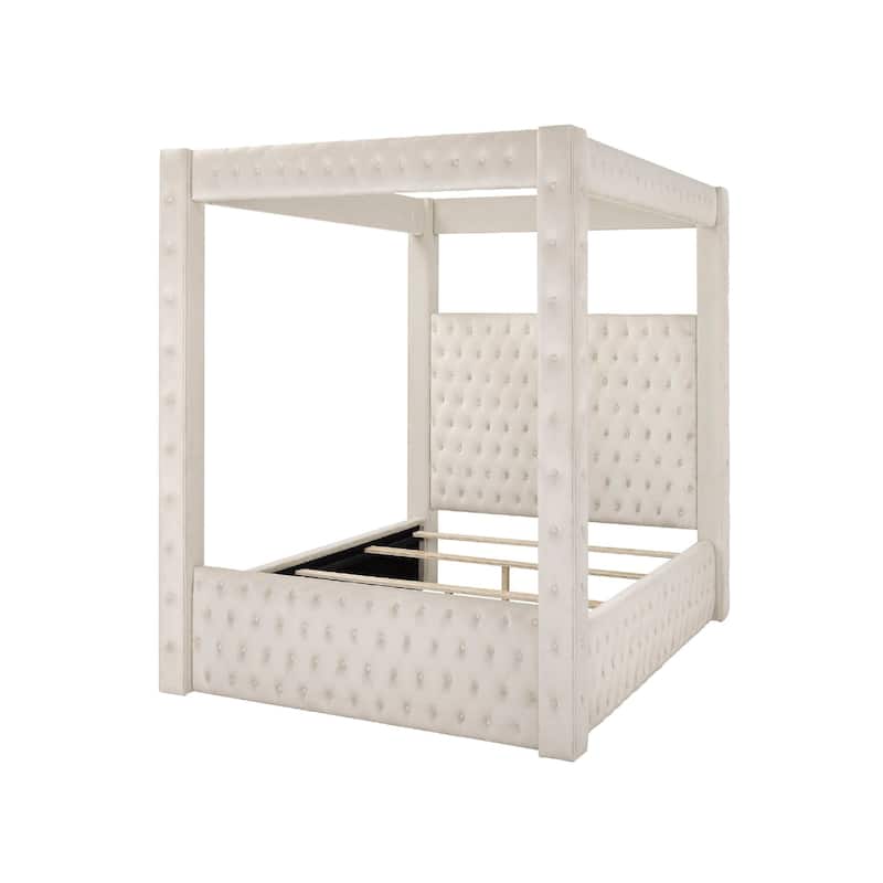 Beli Queen Size Canopy Bed, Tufted Design, Ivory Velvet Upholstery