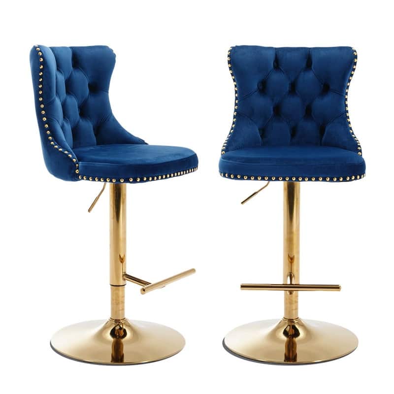 Velvet Upholstered Nailheads Tufted Swivel Bar Stools (Set of 2)