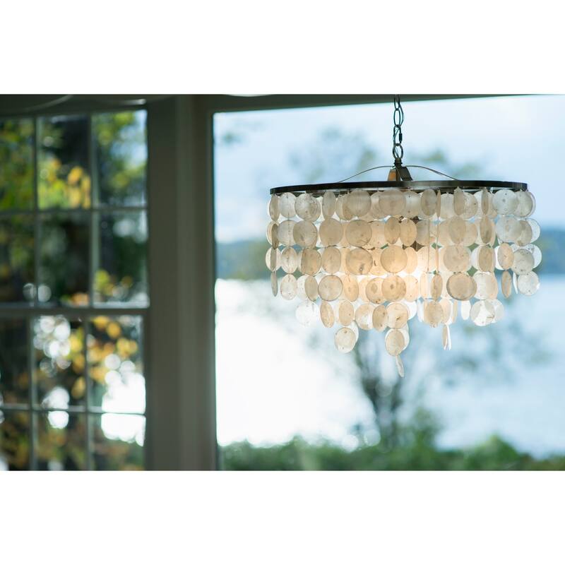 Waterfall Pendant Light - 3-Light Capiz Shell Chandelier, Adjustable Height, Satin Nickel Finish - 93.75