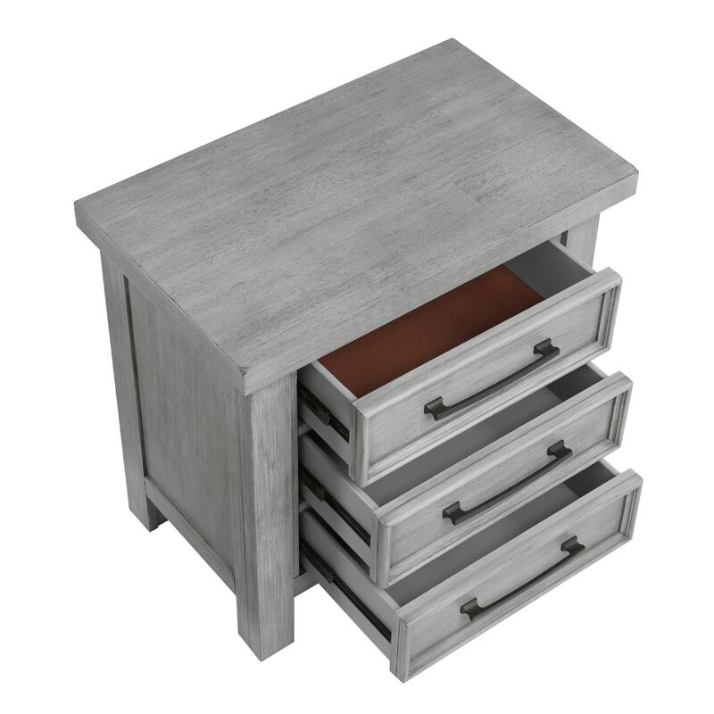 Daisy Nightstand, Gray Mango Veneer, 3 Drawers, Bronze Metal Knobs